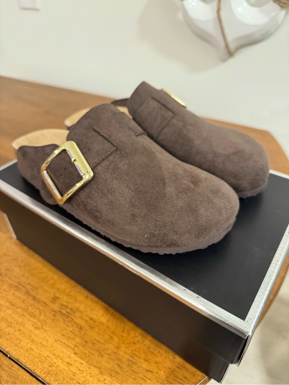 Madden Girl Brown Suede Clog Mules with Gold Buckle